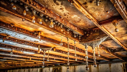 Aerial View of Water Droplets on Rust-Stained Ceiling Highlighting Slow-Draining Roof Leak's Destructive Path to Interior Drywall and Flooring