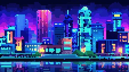Obraz premium Bright neon illustration of a city at night.
