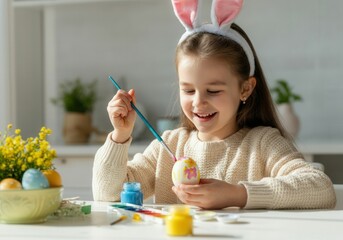 Smiling girl painting colorful easter eggs at home, enjoying creative spring activity