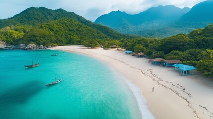 Obraz premium A beautiful beach with a clear blue ocean and mountains in the background