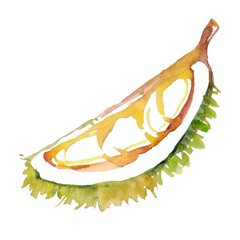 Handcrafted watercolor illustration of a durian slice in soft yellow and green tones. Perfect for Southeast Asian food designs, tropical branding, food packaging, or culinary blogs.