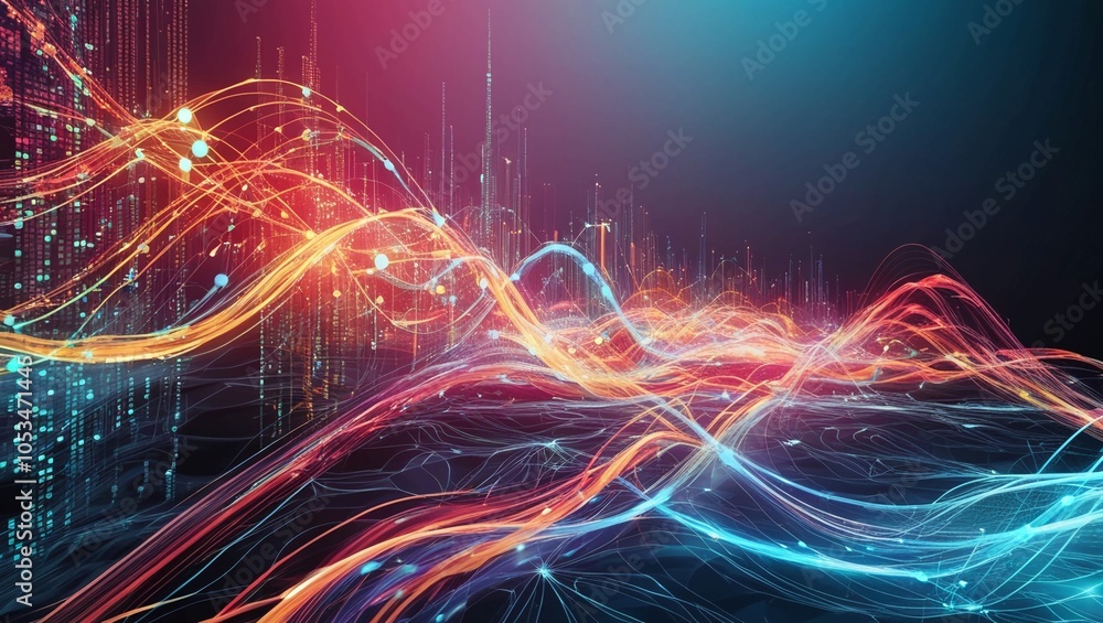 Poster abstract digital display of bright, colorful data points and flowing patterns, illustrating big data