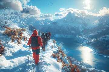 A group of hikers reaching the peak of a mountain with panoramic views