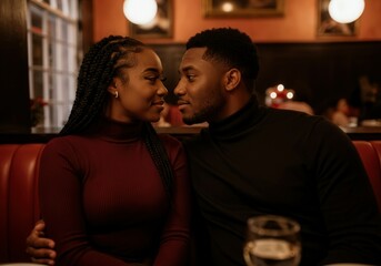 Couple enjoying romantic evening out, gazing lovingly at each other across restaurant table