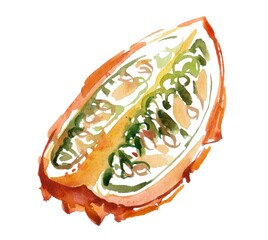 A vibrant and artistic watercolor illustration of a decorative piece of kiwano fruit, showcasing its unique texture and bright colors, perfect for culinary and design projects.