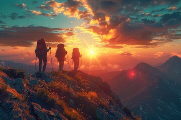 Fototapeta premium A group of hikers reaching the peak of a mountain with panoramic views
