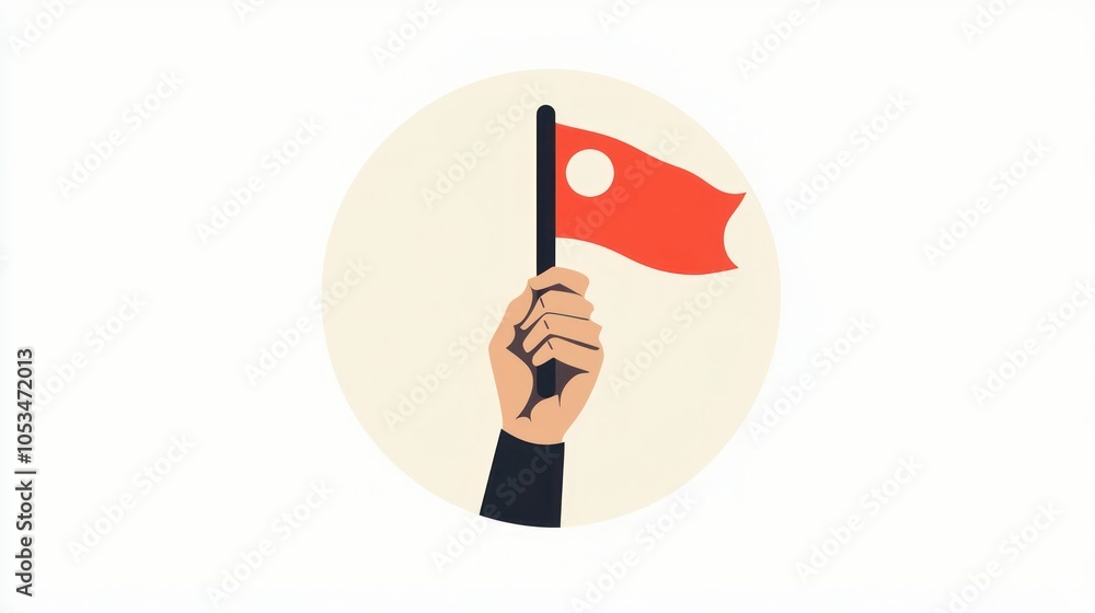 Poster circular icon of a hand holding a flag, with minimalistic design for digital use