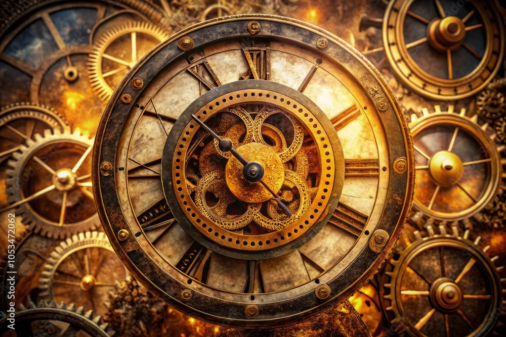 Aufkleber vintage clock double exposure art with intricate design and time indicators, capturing the essence o