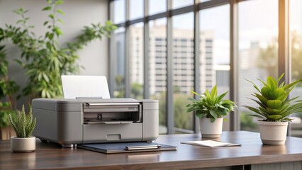 Fototapeta premium A modern office features a sleek grey printer with blue lighting, providing ample copy space for text. Perfect for showcasing technology and office supplies in stock images.