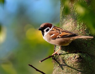 Eurasian Tree Sparrow eat small worm on the tree