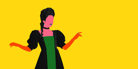 Abstract portrait of medieval woman in vintage attire with bold, contrasting colors, set against bright yellow background. Contemporary art collage. Concept of history, fusion, comparison of eras © master1305