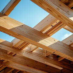 Installation of wooden beams at construction of the frame house rafters roof