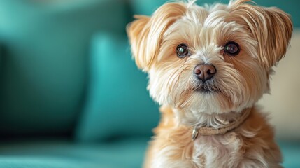 A small dog with a brown and white coat is sitting on a blue couch. Generative AI