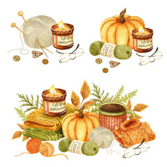 Watercolor cozy autumn illustration. Set of pumpkin, yarn balls, candle in jar, knitted socks, cup of tea. Hand painted element for handmade design.