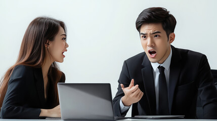 Obraz premium 2 asian office staff are working on the laptop as the teammates in the office meeting table discussing and brainstorming about their work as the team plain white background 