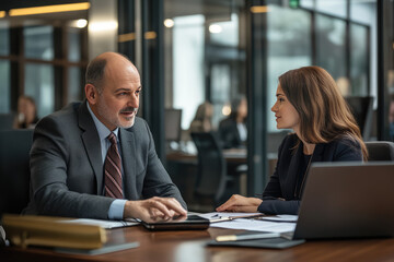 the successful female partner lawyer of the big international law firm in business suit is working on discussing the deal with the other lawyer 