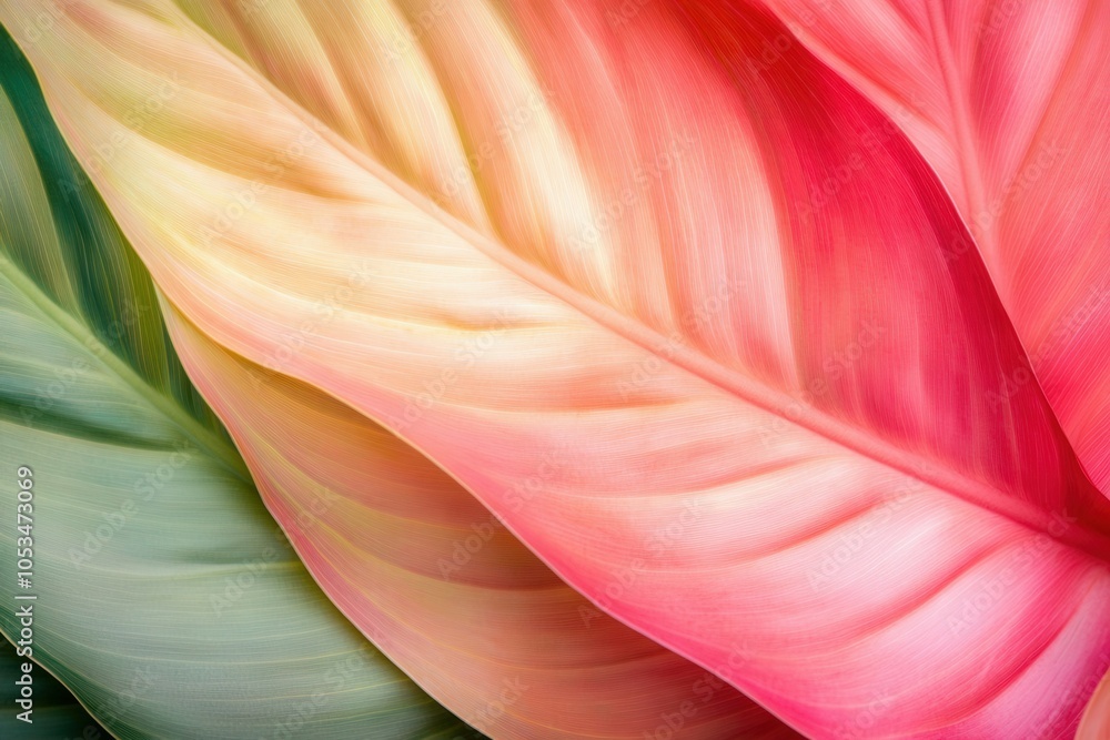 Poster Close-up of overlapping philodendron leaves creating a vibrant display of color, showcasing a smooth transition from green to pink hues