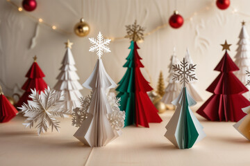 Origami Christmas decorations, tree and paper decorations with a touch of color, made by generative AI
