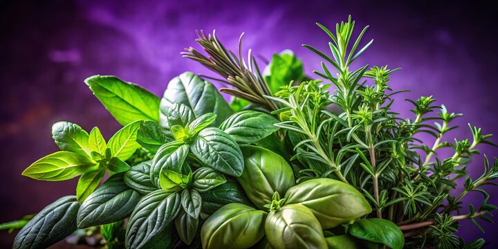 Aromatic Herbs and Leaves on Purple Background - Urban Exploration Photography, Nature's Palette, Herbal Aesthetics, Vibrant Botanicals, Culinary Delights, Fresh Ingredients, Aromatherapy