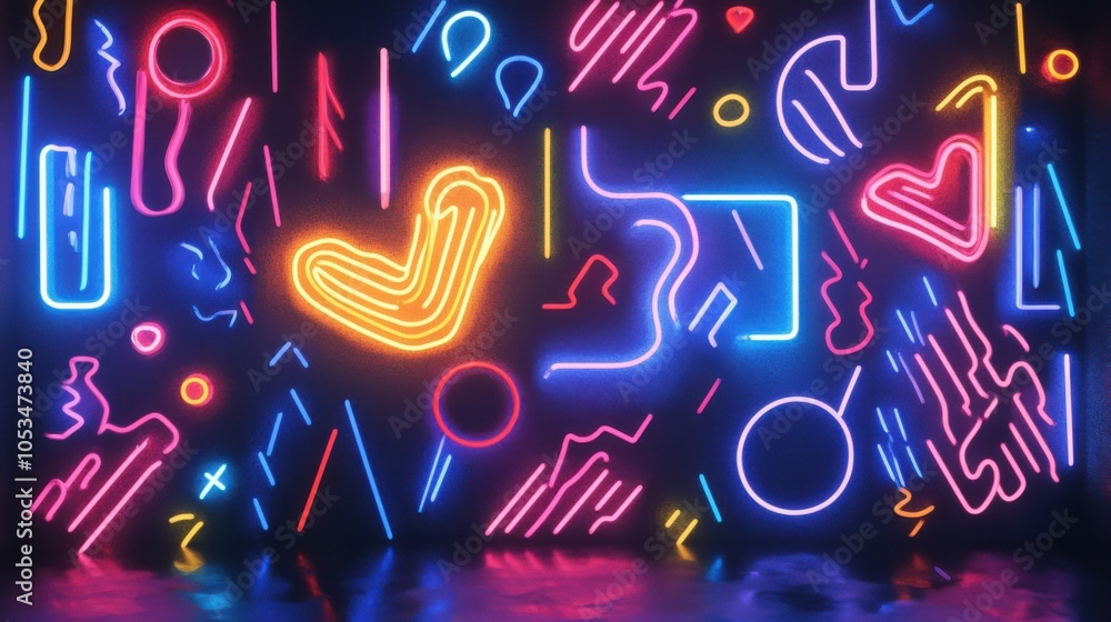Poster neon outlines of random forms on a black background
