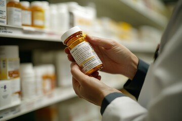 Pharmacist carefully reviews prescription medicine bottle, ensuring accurate dispensing and patient care in a pharmacy setting