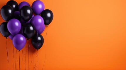 bunch of black and purple balloons on orange background