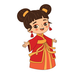 Cartoon cute chinese girl in ancient national costume. Chinese new year children art. Chinese girl design vector. Red and gold dress. Isolated vector illustration.