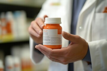 Pharmacist holding an orange medicine bottle, recommending treatment in a pharmacy