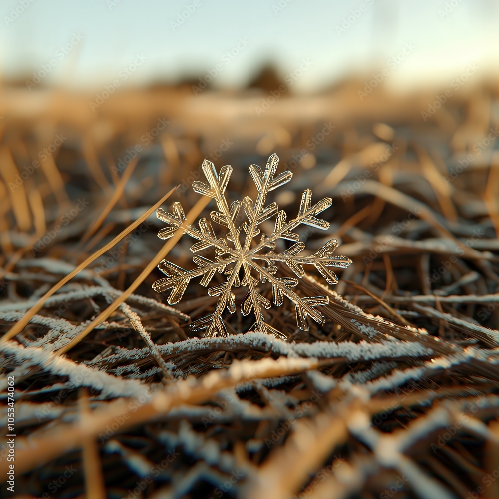 Poster captivating close-up of a unique snowflake on frosted grass in a winter landscape