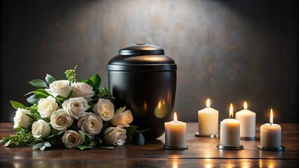 White roses and black cremation urn with burning candles in Long Shot