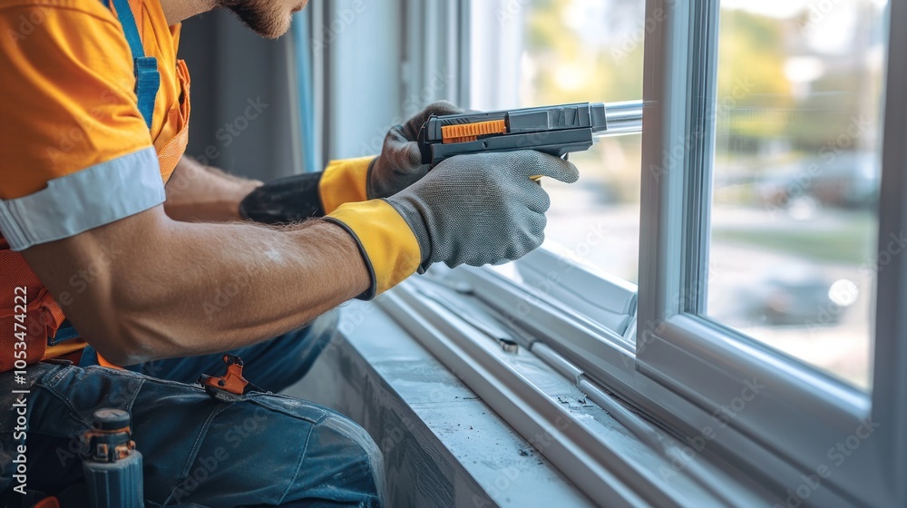 Poster a worker applying sealant to a window frame with a caulking gun.