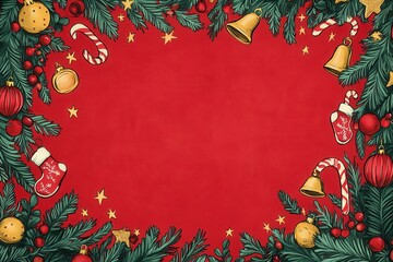 A red background with a Christmas tree and bells. Generative AI