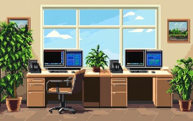 A modern office workspace featuring two computer stations, plants, and a scenic window view.