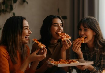 Three happy young women are sharing a pizza during a girls' night in