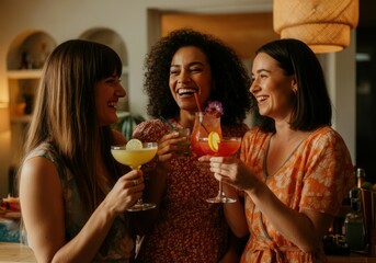 Three cheerful women enjoying a girls' night, laughing and toasting with colorful cocktails in a cozy home setting