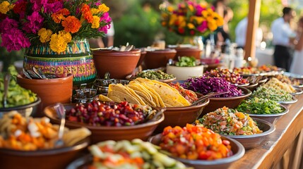 Festive Buffet Table with Delicious Food and Colorful Decorations