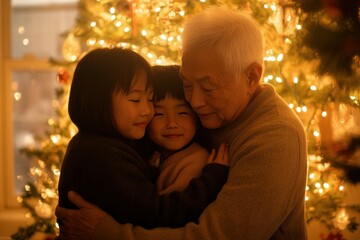 Grandfather hugging granddaughters in front of illuminated christmas tree, enjoying festive family...