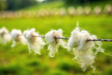 White sheep wool caught in barbed wire fence, emphasizing forced perspective