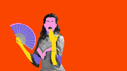 Abstract portrait of medieval woman with fan, dressed in Victorian attire with bold pop art colors, set against red background. Contemporary art collage. Concept of history, fusion, comparison of eras
