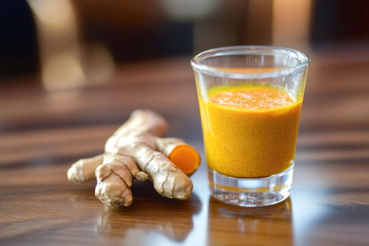 Fresh turmeric ginger shot for health and wellness promotion