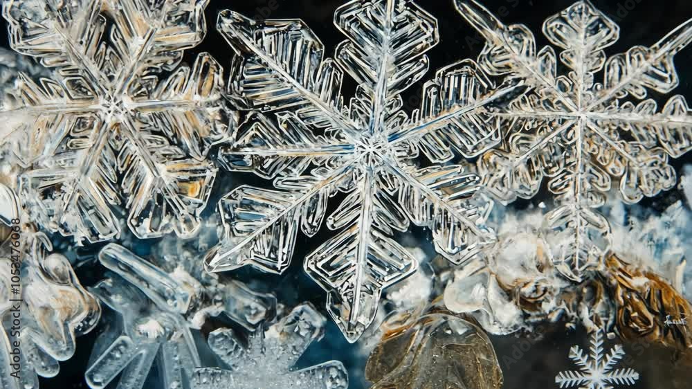Poster a close-up of intricate snowflakes frozen in time