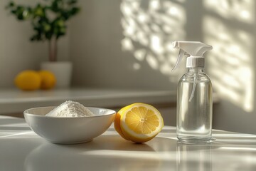 Natural cleaning products using baking soda, lemon, and vinegar create a sustainable cleaning solution