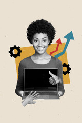 Vertical photo collage of happy american girl freelancer hold laptop arrow development gearwheel...