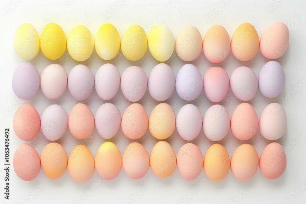 Poster rows of colorful pastel easter eggs creating a gradient effect on a white background