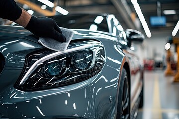 Car detailing and polishing series : Worker in black gloves with microfiber cloth