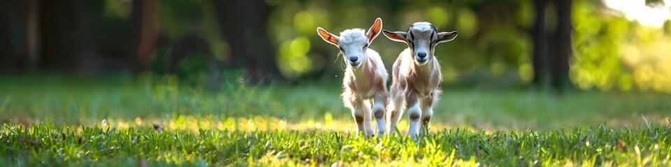 Obraz premium Two young goats playing in flower meadow background. Agriculture and livestock industry concept. Animal husbandry. Fresh organic product, dairy and milk farm business. Farming lifestyle, farmland