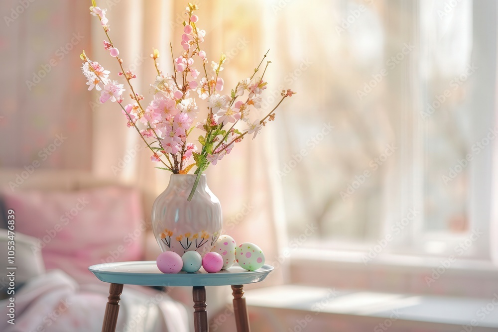 Aufkleber easter eggs and blooming peach branches in a vase on a small table by the window create a festive at