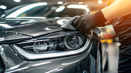 Car detailing and polishing series : Worker in black gloves with microfiber cloth