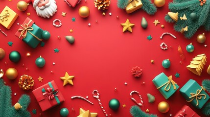 Obraz premium A red background with a Christmas tree and a bunch of gifts. Generative AI