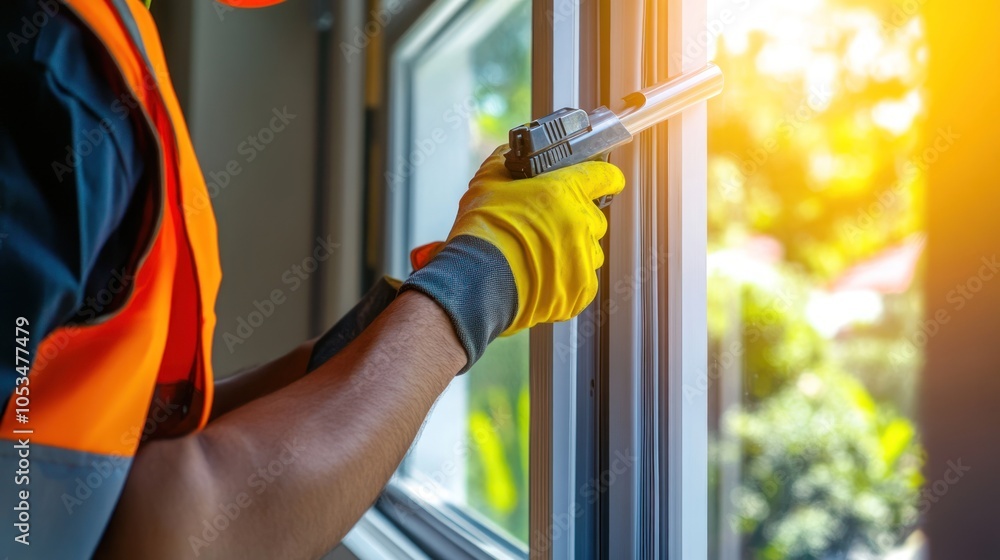Aufkleber a worker using a tool to install a window with safety gear on a bright day.